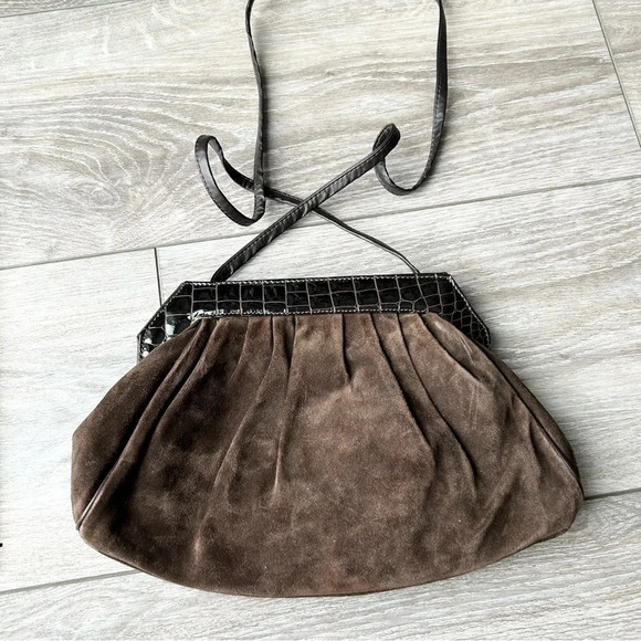 Vintage High Fashion Croc Patent Leather Suede  Leather Crossbody Clutch - Picture 2 of 15